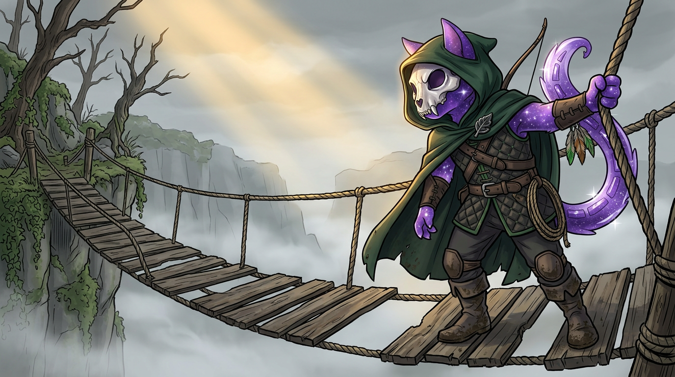 GhostyCat archer crossing a rope bridge between misty cliffs