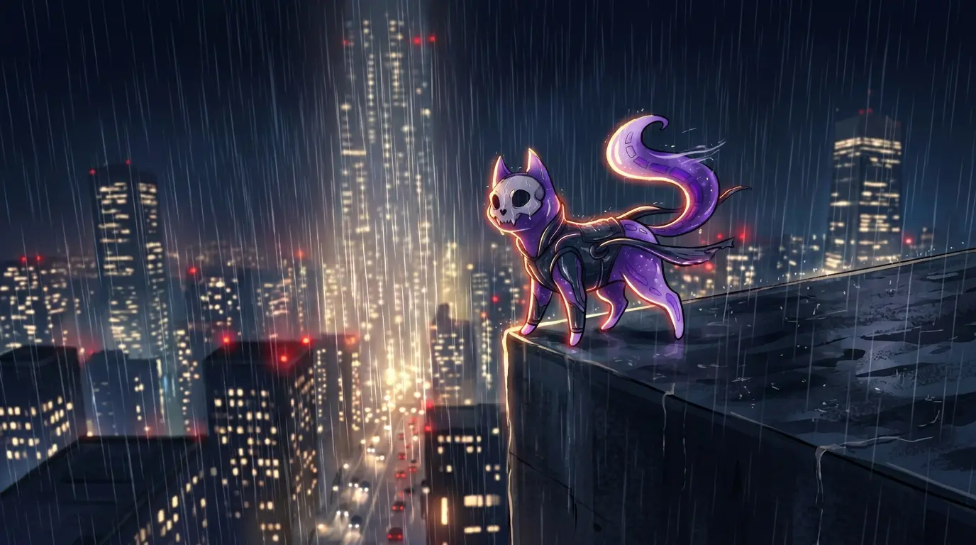 GhostyCat standing on a rooftop above a rainy city